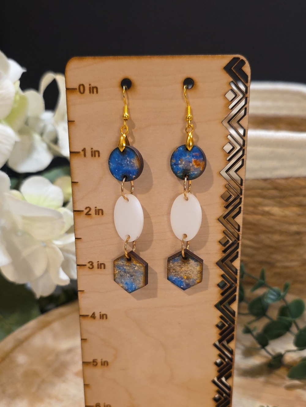 Gold-Tone Blue & White Dangle Earrings